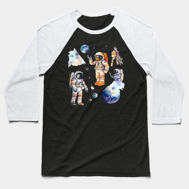 Astronaut Space watercolor theme Baseball T-Shirt by Mako Design 